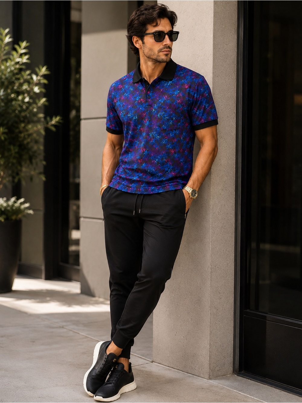 ColorPlus Men’s Mercerized Cotton Floral Polo Shirt Blue Purple Size M